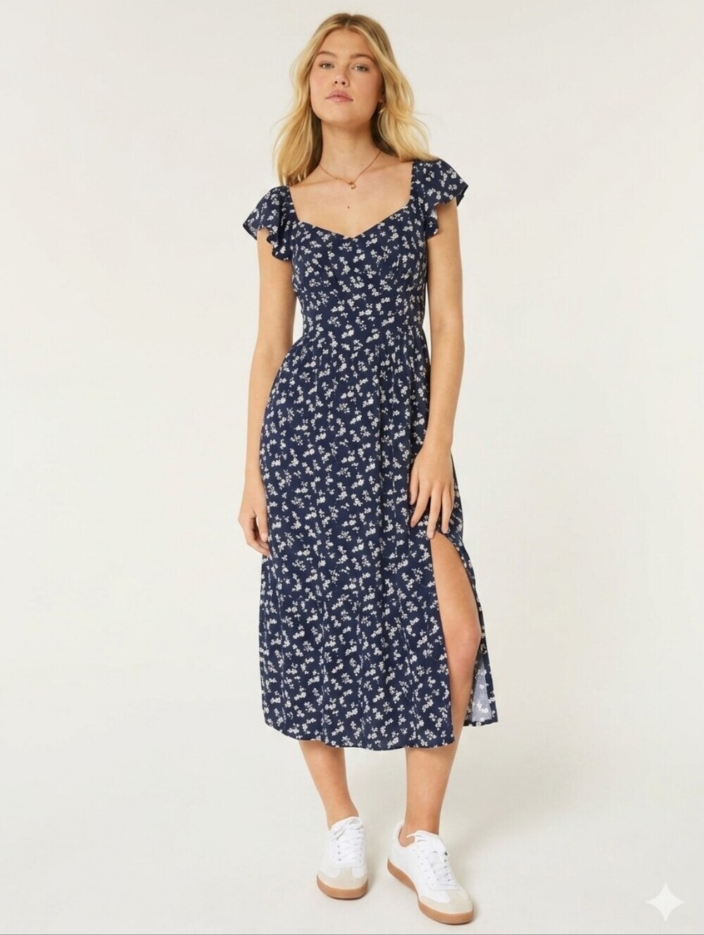 Hollister floral print flutter sleeve v-waist midi dress in navy Size S